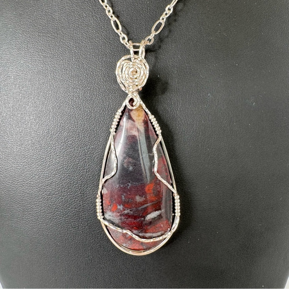Hand Crafted Red Jasper Wire Wrapped Cabochon Necklace 72mm Teardrop 17” NWT